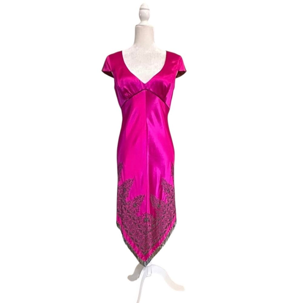 Vtg Y2K does 30s ABS Allen Schwartz Embroidered Beaded Angled Hem Dress Sz 8